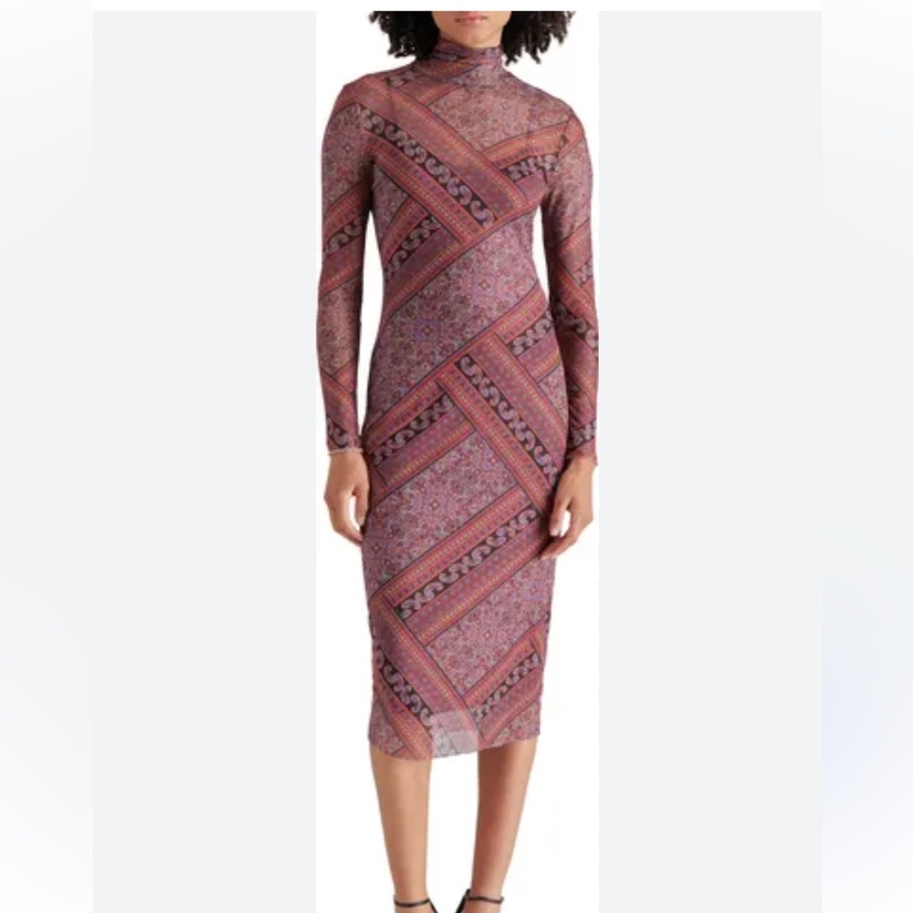 Steve Madden Red and Black Patterned Long Sleeve Dress